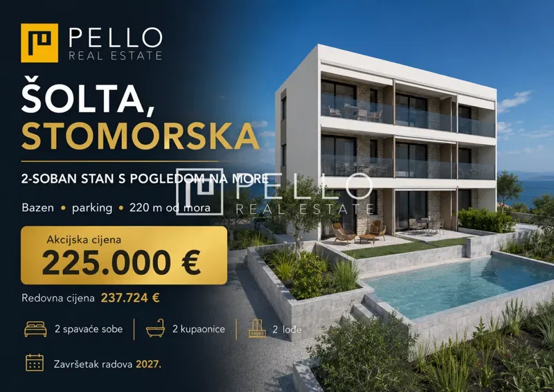 Šolta, Stomorska – stan s 2 spavaće sobe, pogledom na more, bazenom i parkingom