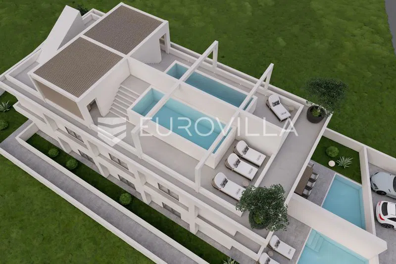Luksuzni apartman s bazenom i krovnom terasom, prvi red do mora, Rtina Ražanac, S3