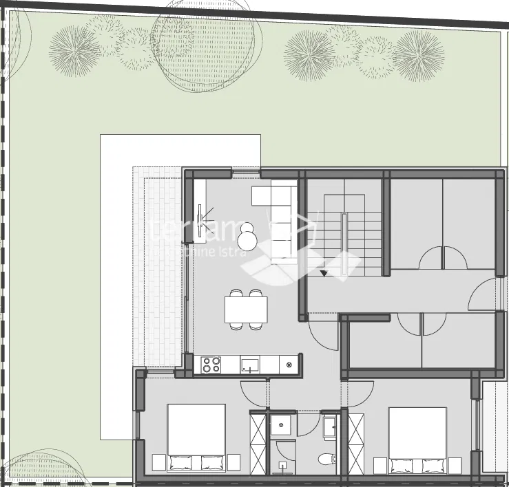 Istra, Pula, Valdebek, piano terra 71,76m2, 2 camere da letto + soggiorno, giardino 100m2, ripostiglio, parcheggio, NUOVO, #vendita