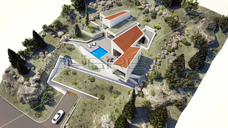 Zemljište s projektom luksuzne vile modernog dizajna prvi red do mora, Starigrad Paklenica, 450m2
