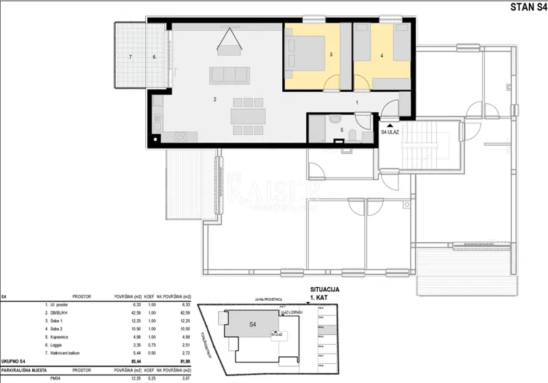 Mandre, Pag-sziget – Tágas, 2 hálószobás apartman (S4) az 1. emeleten loggiával, erkéllyel és parkolóhellyel, 81,88 m² NKP – 2