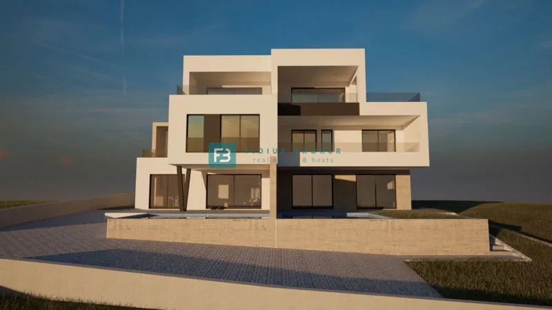 VODICE, gradbeno zemljišče s projektom, pogled na morje, 2 stanovanjski enoti, 2 bazena – 2