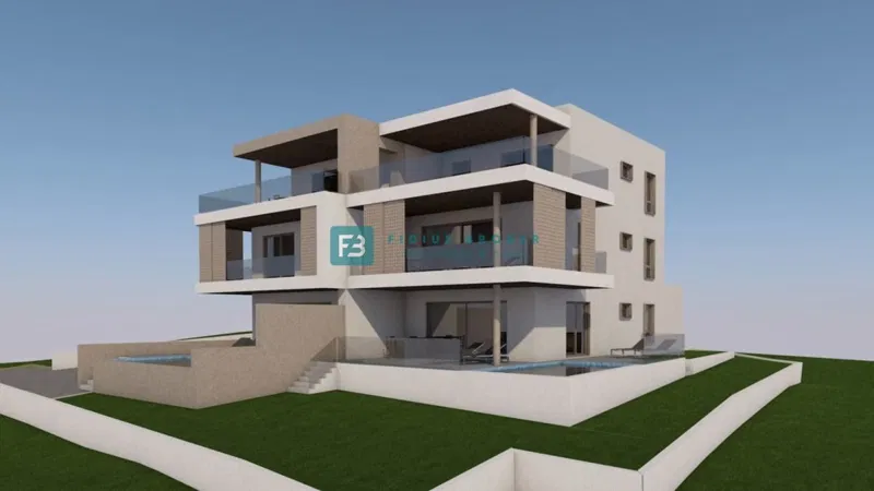 VODICE, zemljište s građ. dozvolom, 4 stambene jedinice i 2 bazena, pogled – 2