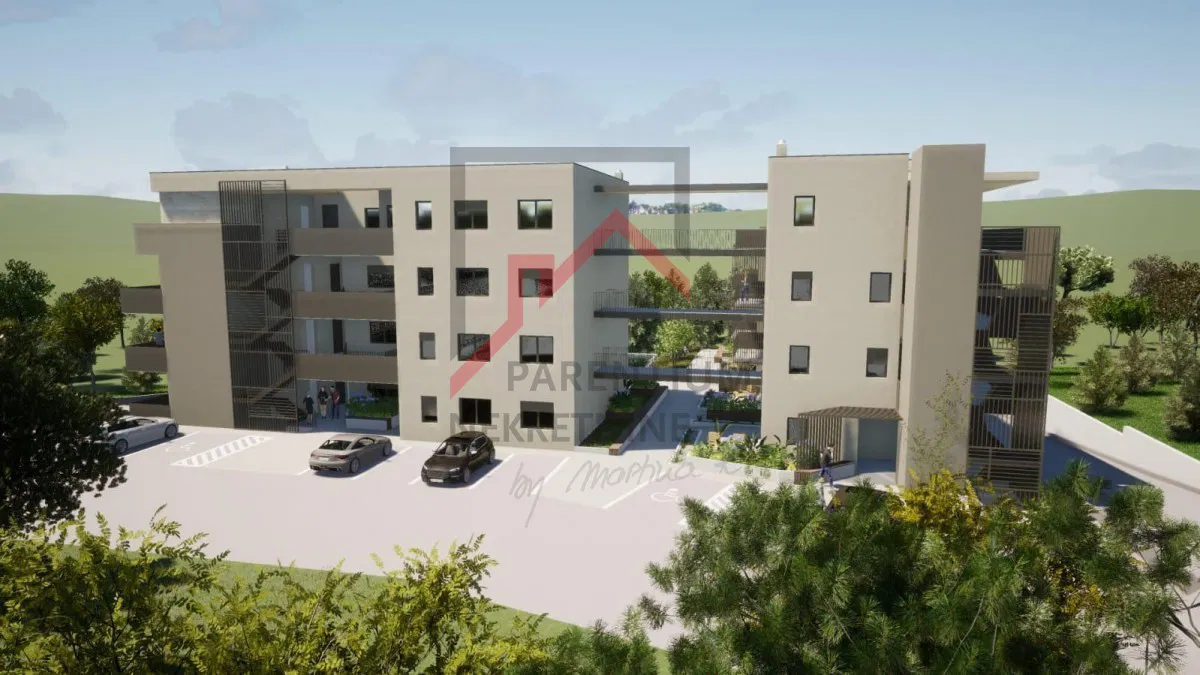 Istria, zona Parenzo – Nuova costruzione | Appartamento con due camere da letto, 1° piano | Piscina | Garage | 2 km dal mare
