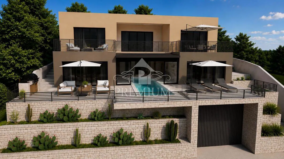 Modernes Neubaugebäude mit Swimmingpool, Aussicht und Garage
