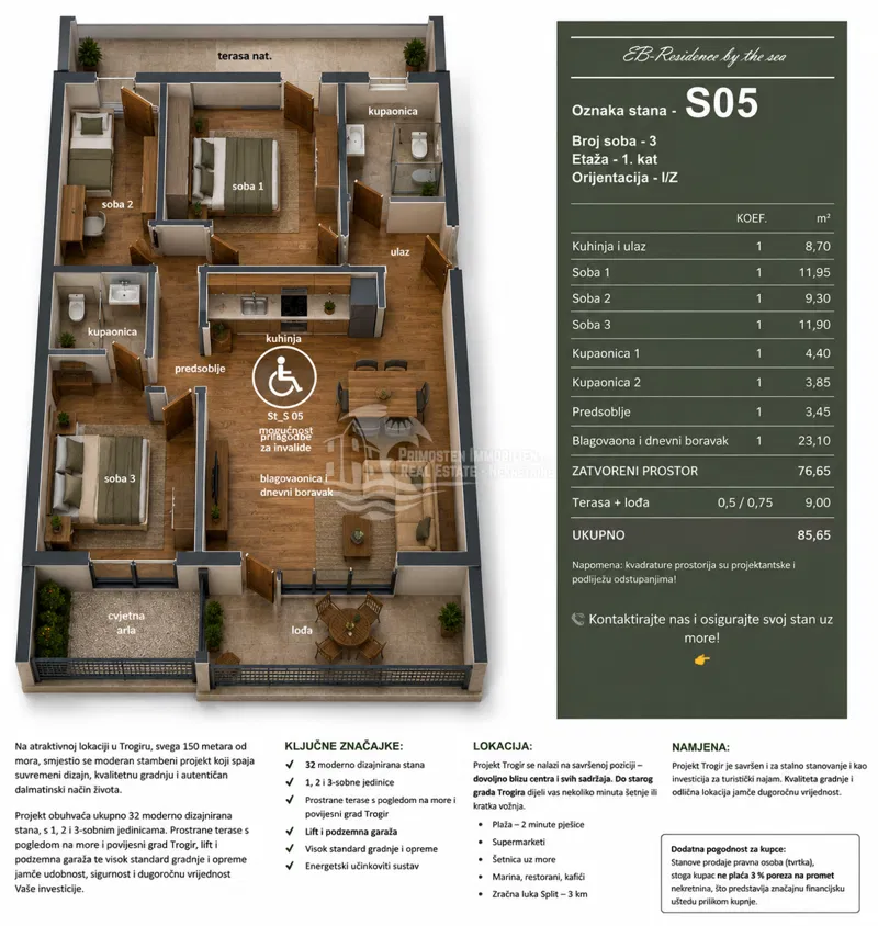 Trogir/Prostran trosoban stan nadomak mora – 2