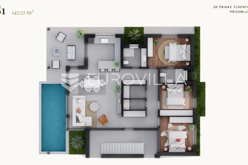 Vir, apartman u prizemlju s bazenom i 3 spavaće sobe, 100 m od plaže