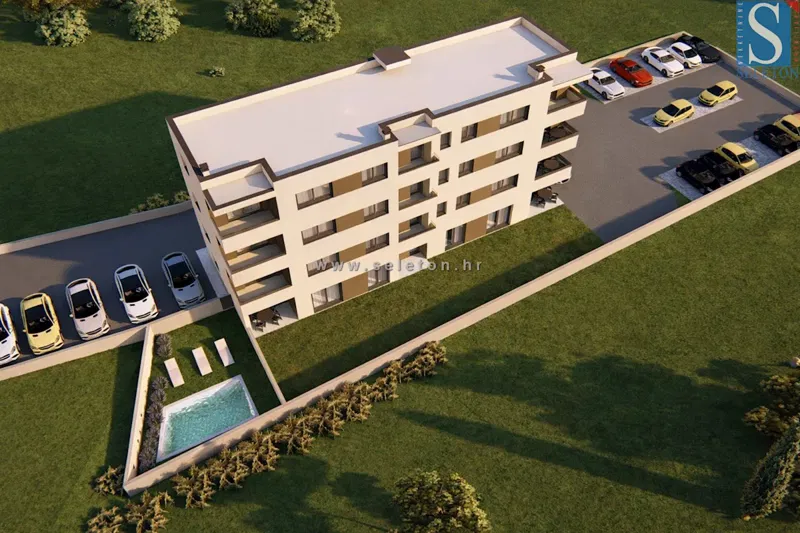 Istra, Poreč - okolica, novi stan površine 76 m2 s vrtom, 2 parkinga, BAZEN