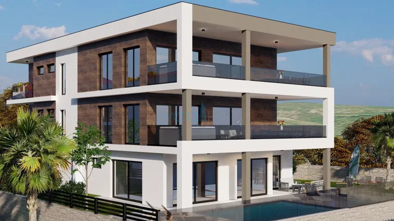 Vrbnik, isola di Krk, nuova costruzione, appartamento al piano terra 155 m2, piscina, vista, giardino, vendita – 3